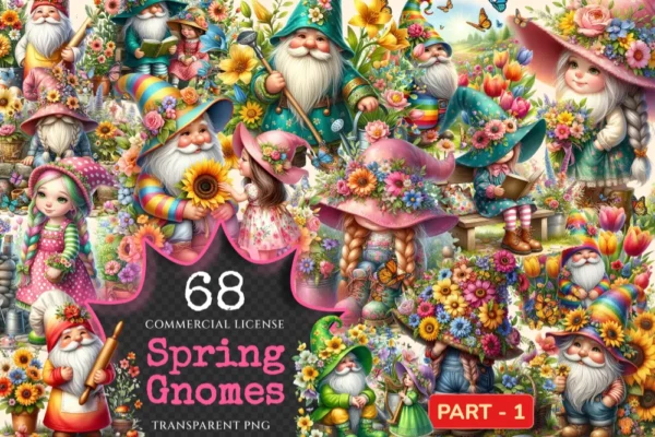 Spring Gnomes PNG Clipart Collection - 68 PNG, Wildflower gnome graphics, Spring garden printables, Commercial use, Digital download