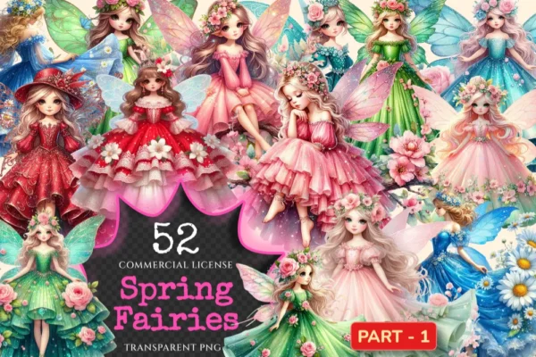 Spring Fairies PNG Clipart Collection - 52 PNG, Whimsical fairy illustrations, Enchanting printables, Commercial use, Digital download