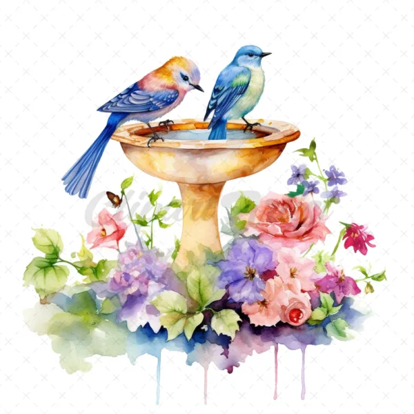 20 High-Quality Floral Birdbath Clipart - Floral birdbath digital watercolor JPG instant download for commercial use - Digital download