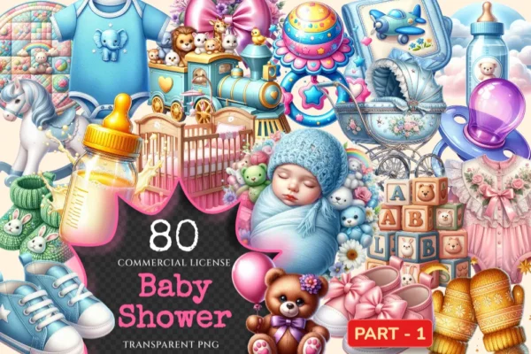 Baby Shower PNG Clipart Collection - 80 PNG, Adorable kids' party illustrations, Festive printables, Commercial use, Digital download