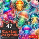 Glowing Jellyfish PNG Clipart Collection - 49 PNG, Underwater creature graphics, Ocean life printables, Commercial use, Digital download