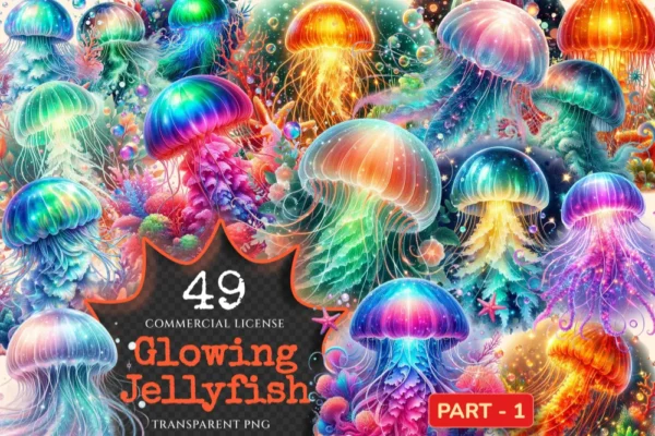 Glowing Jellyfish PNG Clipart Collection - 49 PNG, Underwater creature graphics, Ocean life printables, Commercial use, Digital download