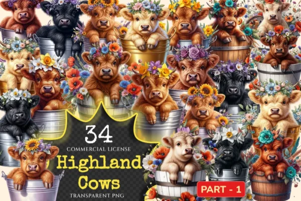 Highland Cows PNG Clipart Collection - 34 PNG, Cute cow illustrations, Charming highland cattle art, Commercial use, Digital download