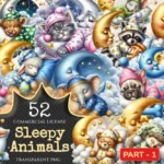 Sleepy Animals PNG Clipart Collection - 52 PNG, Whimsical pet graphics, Dreamy animal printables, Commercial use, Digital download