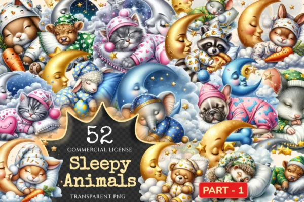 Sleepy Animals PNG Clipart Collection - 52 PNG, Whimsical pet graphics, Dreamy animal printables, Commercial use, Digital download