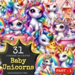 Baby Unicorns PNG Clipart Collection - 31 PNG, Magical unicorn illustrations, Playful printables, Commercial use, Digital download