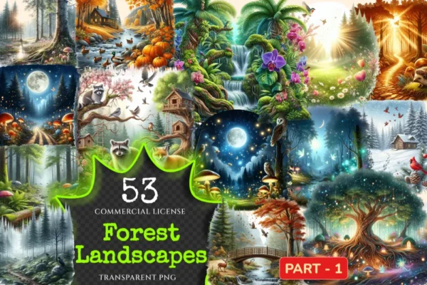 Forest Landscapes PNG Clipart Collection - 53 PNG, Peaceful woodland illustrations, Nature printable, Commercial use, Digital download