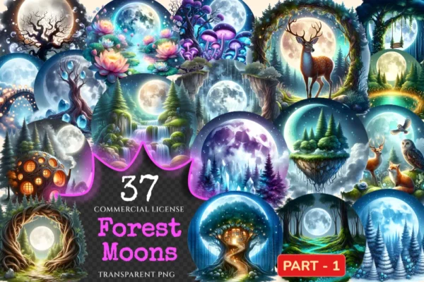 Forest Moons PNG Clipart Collection - 37 PNG, Moonlit fantasy illustrations, Forest magic printables, Commercial use, Digital download