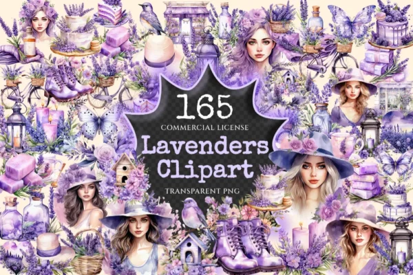 Lavenders Watercolor Clipart Bundle - 160+ transparent PNG, PNG of Tranquil summer lavender joy, Lavenders Commercial use, Digital download