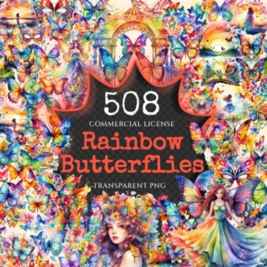 Rainbow Butterflies Watercolor Clipart Bundle - 500+ transparent PNG, Vibrant butterflies, PNG Butterfly Commercial use, Digital download