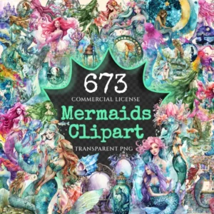Mermaids Watercolor Clipart Bundle - 670+ transparent PNG, Enchanting mermaid illustrations, Sea siren art Commercial use, Digital download