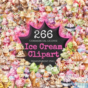 Ice Cream Watercolor Clipart Bundle - 260+ transparent PNG, Savory tasty desserts, Beach dessert, Sweets Commercial use, Digital download