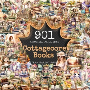 Cottagecore Books Watercolor Clipart Bundle - 900+ transparent PNG, Cottage book art, Snug booklover images Commercial use, Digital download