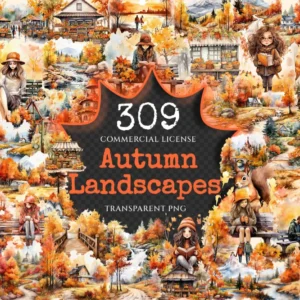 Autumn Landscapes Clipart Bundle - 300+ transparent PNG, Fall landscape clipart, Seasonal scenery graphics, Commercial use, Digital download