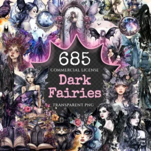 Dark Fairies Watercolor Clipart Bundle - 680+ transparent PNG, Enchanting fairytale art, Gothic designs PNG, Commercial use,Digital download