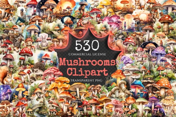 Mushrooms Watercolor Clipart Bundle - 520+ transparent PNG, Mushrooms png, Enchanted nature illustrations, Commercial use,Digital download