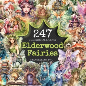 Elderwood Fairies Watercolor Clipart Bundle - 240+ transparent PNG, PNG of Magical Fairytale, Comic book, Commercial use, Digital download