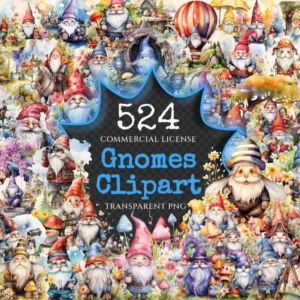 Gnomes Watercolor Clipart Bundle - 520+ transparent PNG, Enchanted gnome graphics png, Storybook gnome png, Commercial use, Digital download