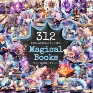 Magical Books Watercolor Clipart Bundle - 310+ transparent PNG, PNG of galaxy book, Mystical stellar images Commercial use, Digital download