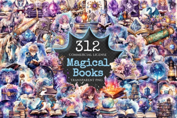 Magical Books Watercolor Clipart Bundle - 310+ transparent PNG, PNG of galaxy book, Mystical stellar images Commercial use, Digital download