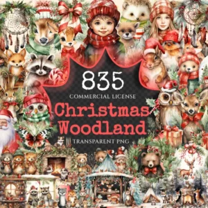 Christmas Woodland Watercolor Clipart Bundle - 830+ transparent PNG, Festal forest images, Animals designs, Commercial use, Digital download