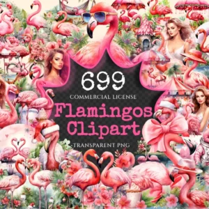Flamingos Watercolor Clipart Bundle - 690+ transparent PNG, Flamingo imagery, Floral tropical bird designs, Commercial use, Digital download