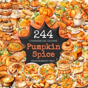 Pumpkin Spice Watercolor Clipart Bundle - 240+ transparent PNG, Warm autumn art, Pumpkin PNG, Fall drinks, Commercial use, Digital download