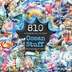 Ocean Stuff Watercolor Clipart Bundle - 800+ transparent PNG, Ocean-themed clipart, Ocean creatures designs, Commercial use,Digital download
