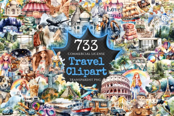 Travel Watercolor Clipart Bundle - 730+ transparent PNG, Adventure, Wanderlust , Vacation holiday graphics, Commercial use, Digital download