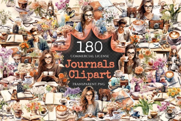 Journals Watercolor Clipart Bundle - 170+ transparent PNG, Agenda images, Organizational illustrations, Commercial use, Digital download