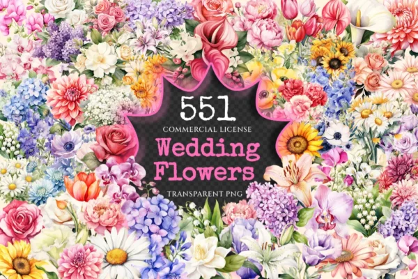 Wedding Flowers Watercolor Clipart Bundle - 545+ transparent PNG, Floral wedding elements, Bride's bouquet, Commercial use, Digital download
