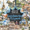 Landmarks Watercolor Clipart Bundle - 620+ transparent PNG, Popular landmark graphics, top wonders clipart, Commercial use, Digital download
