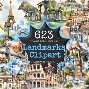 Landmarks Watercolor Clipart Bundle - 620+ transparent PNG, Popular landmark graphics, top wonders clipart, Commercial use, Digital download