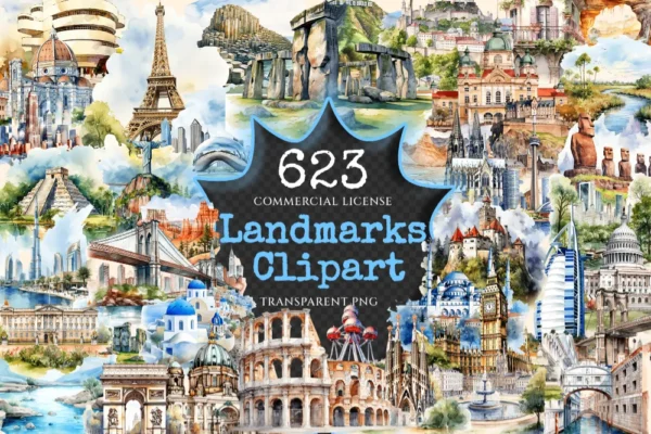 Landmarks Watercolor Clipart Bundle - 620+ transparent PNG, Popular landmark graphics, top wonders clipart, Commercial use, Digital download