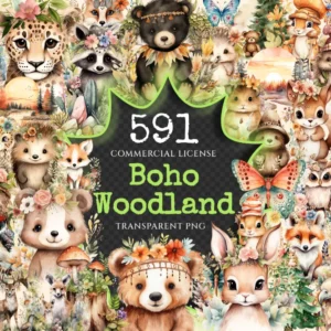 Boho Woodland Animals Watercolor Clipart Bundle - 586+ transparent PNG, Forest, Fox Bear Deer Owl Raccoon, Commercial use, Digital download