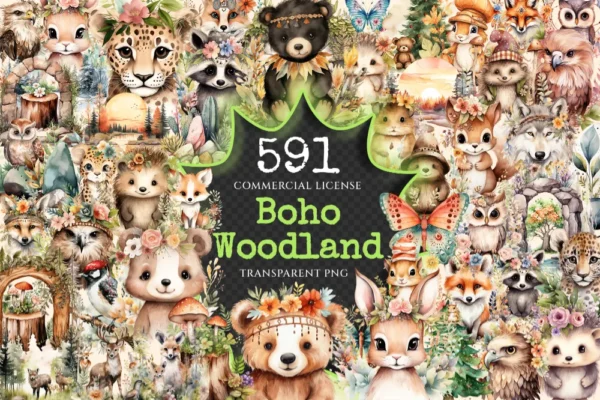 Boho Woodland Animals Watercolor Clipart Bundle - 586+ transparent PNG, Forest, Fox Bear Deer Owl Raccoon, Commercial use, Digital download