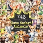 Cute Safari Animals Watercolor Clipart Bundle - 740+ transparent PNG, Charming baby animals, Cute wild art, Commercial use, Digital download