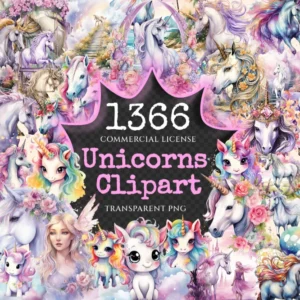 Unicorns Watercolor Clipart Bundle - 1360+ transparent PNG, Magical cute unicorn art, Enchanting graphics, Commercial use, Digital download