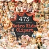 Retro Kids Watercolor Clipart Bundle - 470+ transparent PNG, Nostalgic kids art, Childhood vintage images, Commercial use, Digital download