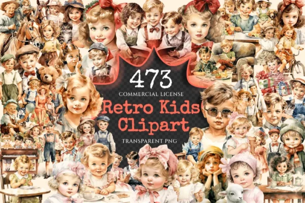 Retro Kids Watercolor Clipart Bundle - 470+ transparent PNG, Nostalgic kids art, Childhood vintage images, Commercial use, Digital download