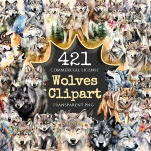 Wolves Watercolor Clipart Bundle - 415+ transparent PNG, Wolf graphics, Cute wolf, Forest animal images, Commercial use, Digital download