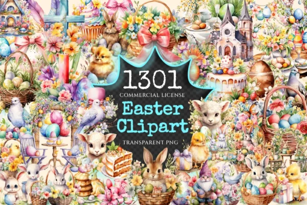 Easter Watercolor Clipart Bundle - 1295+ transparent PNG, Charming easter bunny art, Joyful springtime png, Commercial use,Digital download