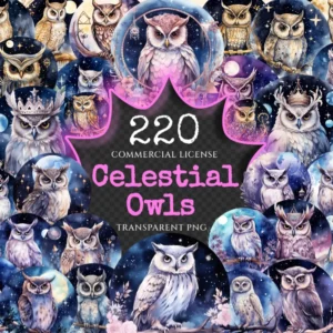Celestial Owls Watercolor Clipart Bundle - 215+ transparent PNG, Galaxy night images, Mystical fantasy art, Commercial use, Digital download