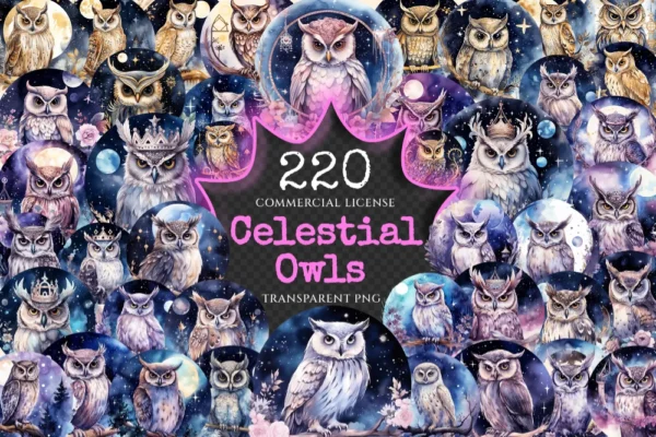Celestial Owls Watercolor Clipart Bundle - 215+ transparent PNG, Galaxy night images, Mystical fantasy art, Commercial use, Digital download