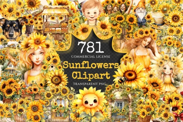 Sunflowers Watercolor Clipart Bundle - 776+ transparent PNG, Vibrant sunflower png, Radiant summer flowers, Commercial use, Digital download