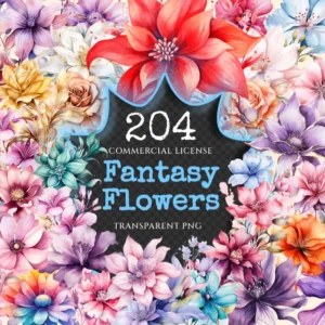 Fantasy Flowers Watercolor Clipart Bundle - 200+ transparent PNG, Whimsical floral images, Nature graphics, Commercial use, Digital download