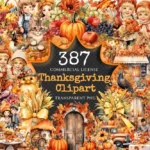 Thanksgiving Watercolor Clipart Bundle - 380+ transparent PNG, Thankful harvest images, Festive feast art, Commercial use, Digital download