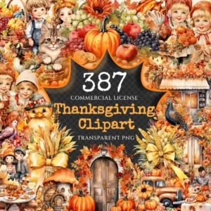 Thanksgiving Watercolor Clipart Bundle - 380+ transparent PNG, Thankful harvest images, Festive feast art, Commercial use, Digital download