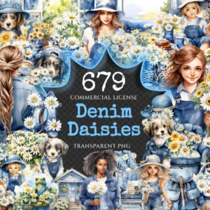 Denim Daisies Watercolor Clipart Bundle - 675+ transparent PNG, Blue springtime graphics, Daisy girl images, Commercial use,Digital download