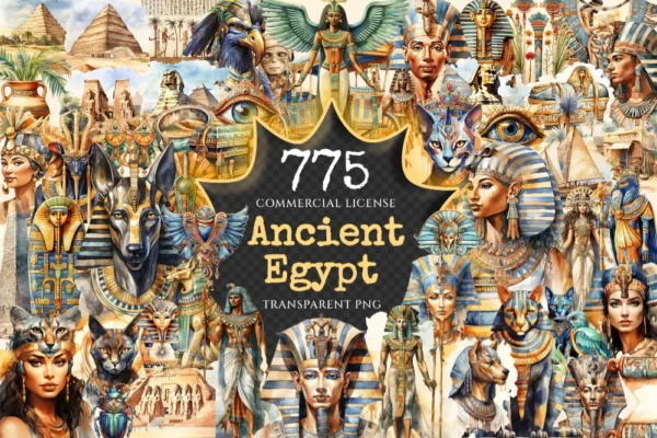 Ancient Egypt Watercolor Clipart Bundle - 770+ transparent PNG, Egyptian illustrations, Pharaohs graphics, Commercial use, Digital download
